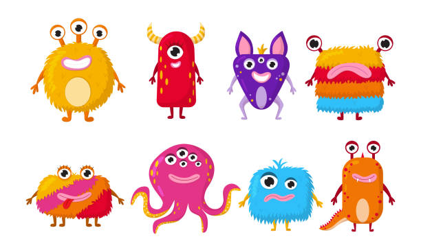 Vector cartoon monsters set. Collection funny aliens icon isolated on white background. Clip art for party decoration, stickers.