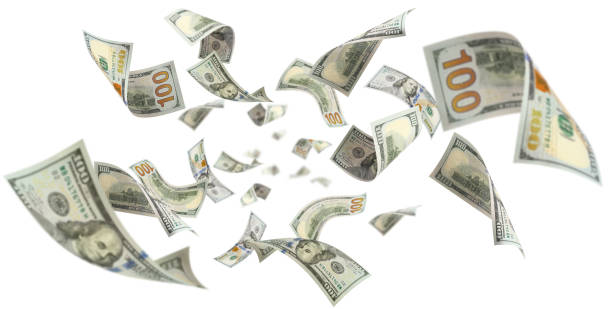 Flying 100 American dollars banknotes on white Flying 100 American dollars banknotes, isolated on white background last money stock pictures, royalty-free photos & images