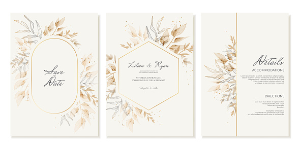 Wedding invitation templates and details in beige, gold tones with watercolor leaves. Vector