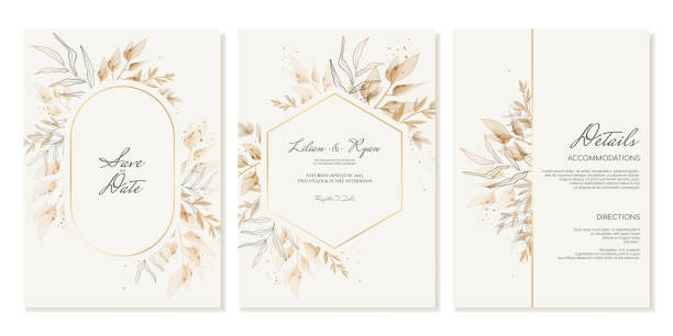 Wedding invitation templates and details in beige, gold tones with watercolor leaves. Vector Wedding invitation templates and details in beige, gold tones with watercolor leaves. Vector floral menu card stock illustrations