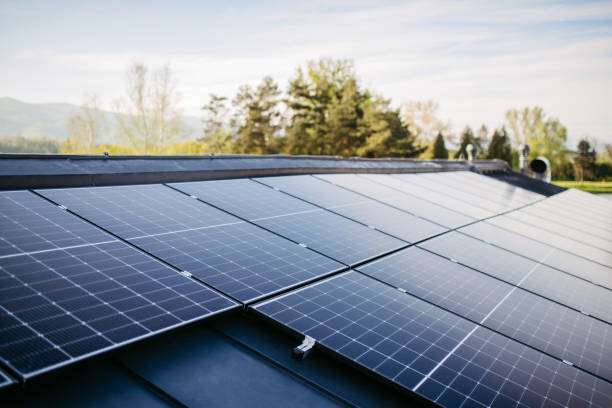 Close up of solar panels on the roof. stock photo