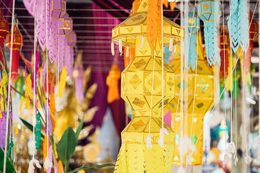 Yipeng Northern Thai culture hanging lantern paper lamp beautiful colorful Lanna traditional festival in temple.