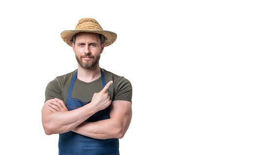 caucasian man in hat and apron isolated on white background. point finger on copy space.
