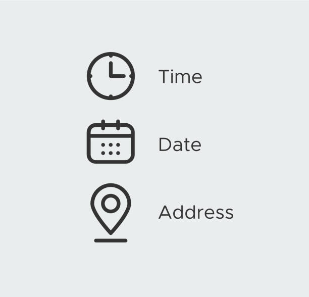 uhrzeit, datum, ort, adresse, symbolsatzvorlage. uhr, kalender, ortssymbole. geschäftsvektordesign signieren - human settlement stock-grafiken, -clipart, -cartoons und -symbole