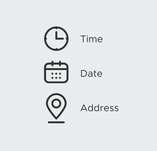 шаблон набора значков времени, даты, адреса местоположения. часы, календарь, символы местоположения. вывеска бизнес-векторного дизайна - date stock illustrations