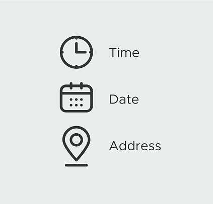 Time, date, location address icon set template. Clock, calendar, location symbols. Sign business vector design