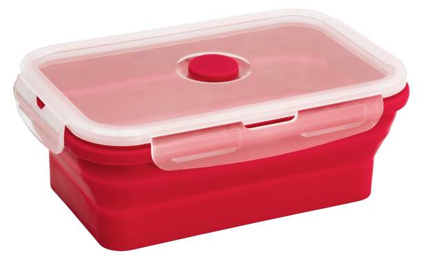 istock Collapsible silicone food storage containers, kitchen food boxes. Food Storage Container. Silicone Lunch Box. Foldable and hermetic seal insulated on a white background. Red. 1493734858