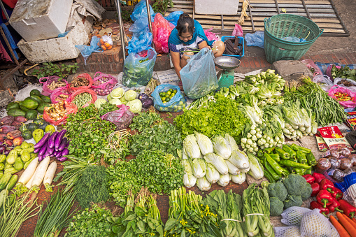 Morning market, Luang Prabang, Laos - March 15th 2023: Female greengrocer waiting for customers in her shop on the ground at the famous morning food market in Luang Prabang which used to be the capital on Laos