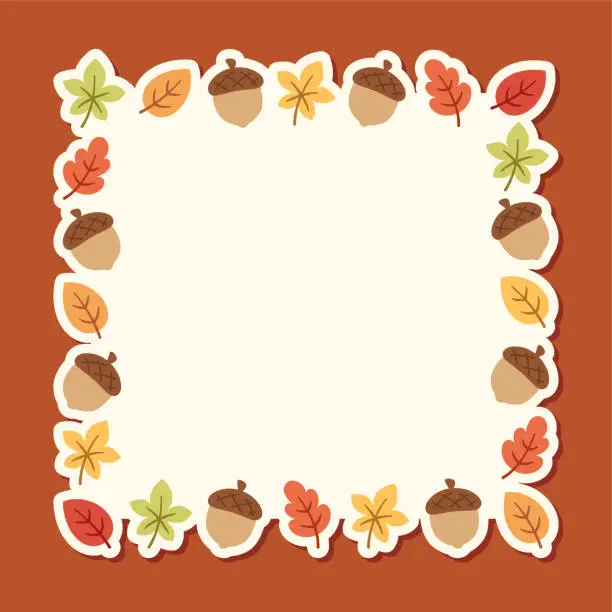 Vector illustration of Autumn square frame with with leaves and acorns. Modern vector illustration. Halloween, Thanksgiving border template.