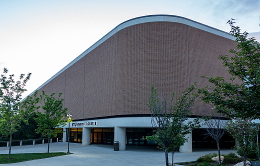 Provo, Utah, USA- May 18, 2023: Evening view of the Marriott Center basketball venue on the campus of Brigham Young University, Provo, Utah.