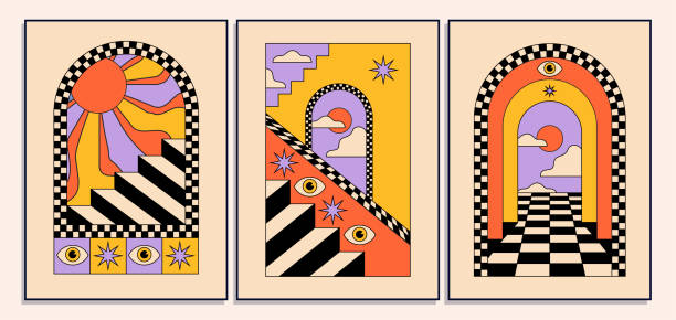 Set of vintage tarot hippie styled posters with surreal abstract arch doorways and architecture for wall art decoration print or cards or music album covers. Vector illustration vector art illustration