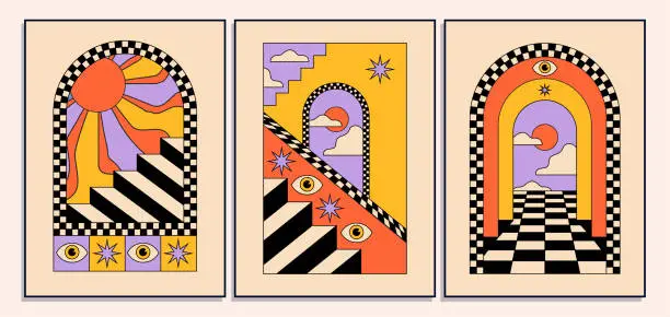 Vector illustration of Set of vintage tarot hippie styled posters with surreal abstract arch doorways and architecture for wall art decoration print or cards or music album covers. Vector illustration