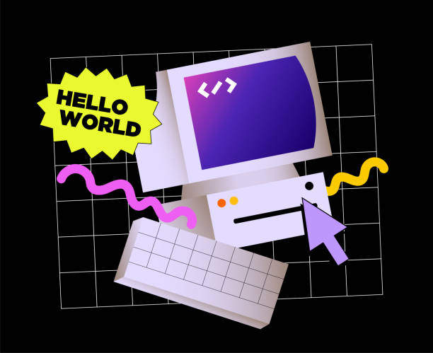 istock Retro vintage computer or pc system unit and keyboard in vaporwave aesthetic, 90s, 00s style. Nostalgic desktop vector illustration. 1493740916