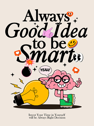 Motivational poster or card or book cover design template for self education or learning with cartoon brain character and typographic composition and emoji elements on light background.