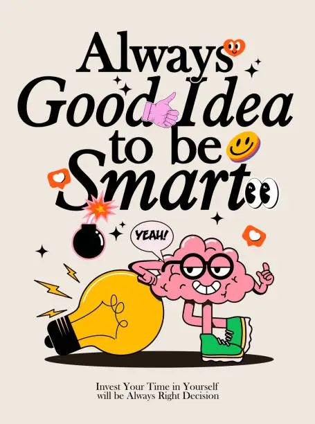 Vector illustration of Motivational poster or card or book cover design template for self education or learning with cartoon brain character and typographic composition and emoji elements on light background.