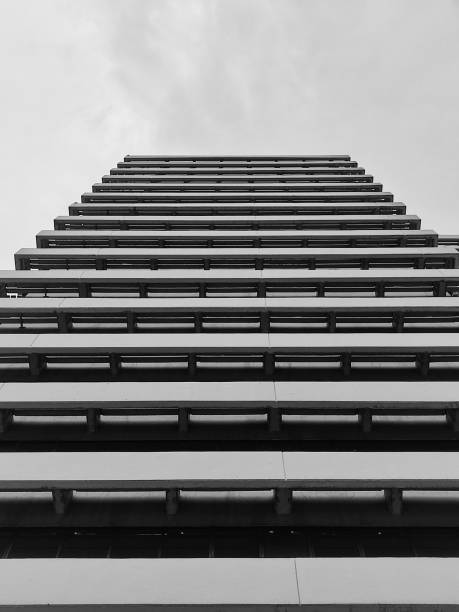 istock Black and white photo of a tall architecture pattern building 1493741092