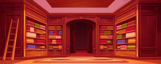 Vector illustration of Cartoon library interior with bookshelf background