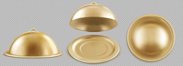 istock Realistic open and closed golden cloche food trays 1493742228