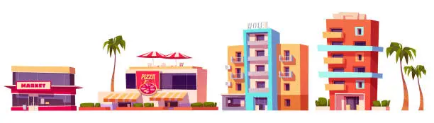 Vector illustration of Miami city street hotel and resort buildings