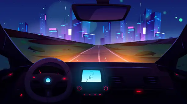 Vector illustration of Car drive night road to city, inside view vector