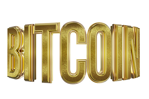 Golden word  Bitcoin in 3d on white background