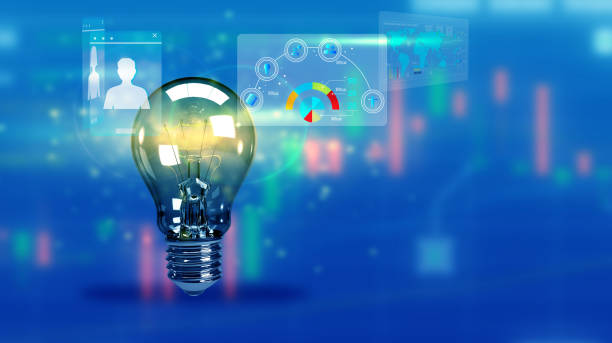 istock Lightbulb lamp flare yellow orange color blue element technology  futurist technology digital innovation icon data analysis report information copy space strategy global education chart growth concept 1493744583