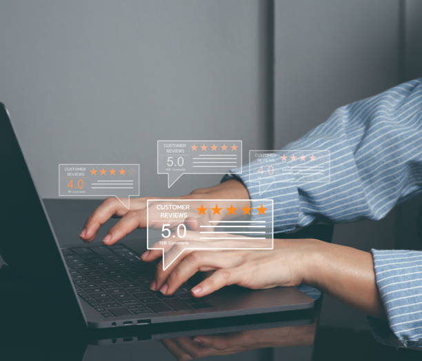 istock User give five star rating to service experience on computer app. Customers opinion evaluate the quality of services to reputation and business success. Customer review satisfaction survey concept. 1493744710