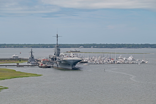 Charleston, SC, USA - May 25, 2023: The aircraft carrier USS Yorktown and destroyer USS Laffey at the Patriots Point Naval & Maritime Museum in Charleston Harbor.
