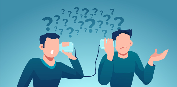 Vector of two perplexed looking men having troubled communication and multiple questions