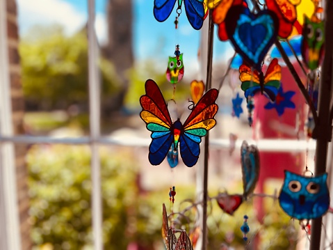 Glass butterfly ornament in a window