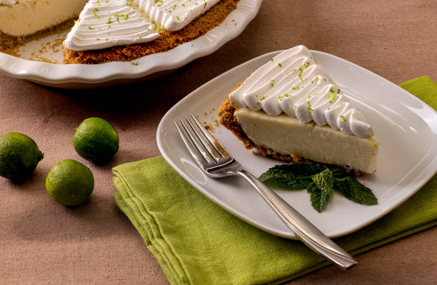 istock Close up of key lime pie and slice on plate 1493748584