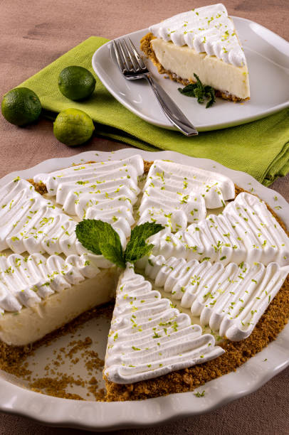 istock Key lime pie with slice in the background with meringue and mint close up 1493748585