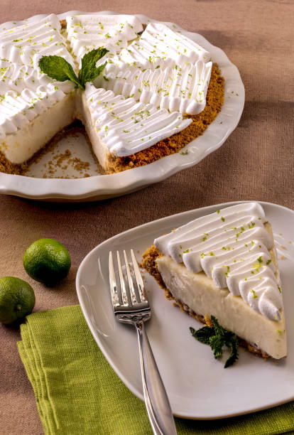 istock Vertical close up of key lime pie with slice on plate 1493748586