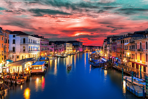 The Grand Canal at night from Rialto Bridge, Venice, Italy.
