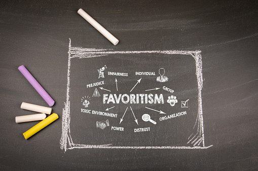 Favoritism. Illustration with arrows, keywords and icons on a dark chalkboard background.