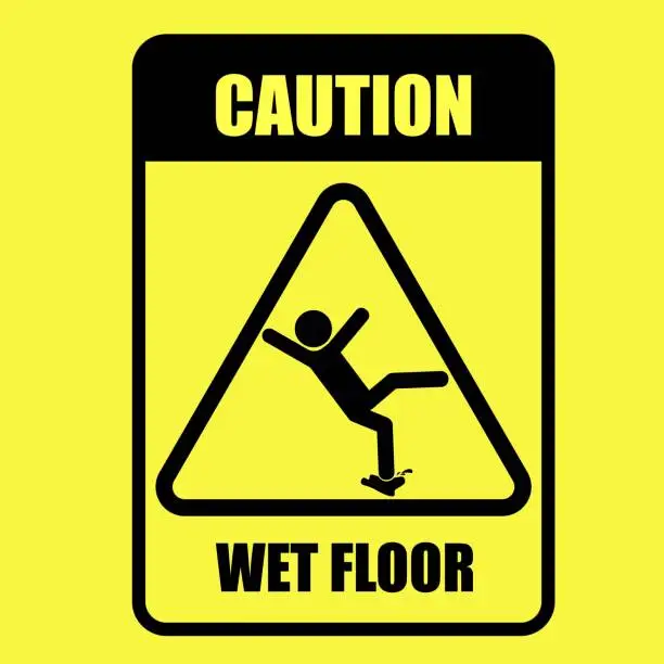 Vector illustration of Printable sticker label of wet Floor slippery surface sign icon with falling man in modern rounded style. For template safety indoor industrial sign in yellow rectangle background