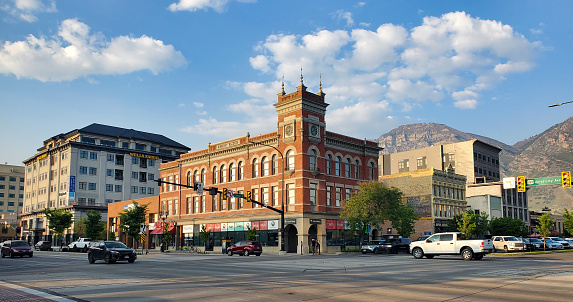 Provo, Utah, USA- May 19, 2023: Modern and historic buildings at the corner of Center Street and University in downtown Provo, Utah.