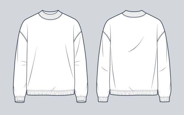 istock Sweatshirt technical fashion illustration. Round Neck Sweatshirt fashion flat technical drawing template, ribbed, long sleeve, relaxed fit, front and back view, white color, women, men, unisex CAD mockup. 1493756279