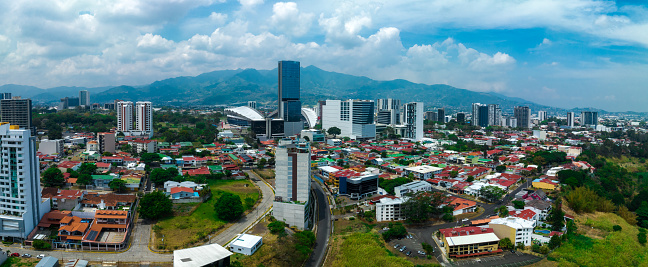 Beautiful aerial view of the Sabana, San Jose, Costa Rica. San Jose Costa rica capital city street view with mountains in the background.