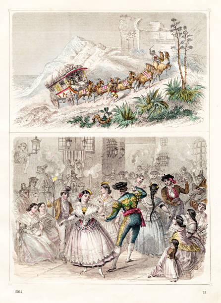 ilustraciones, imágenes clip art, dibujos animados e iconos de stock de imágenes de españa ilustración de la lámina a color 1855 - barcelona sevilla