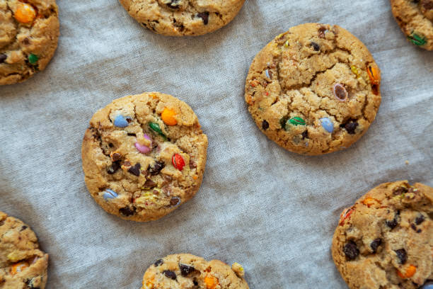 istock Homemade Chocolate Chip Candy Cookies, top view. Flat lay, overhead, from above. 1493759873