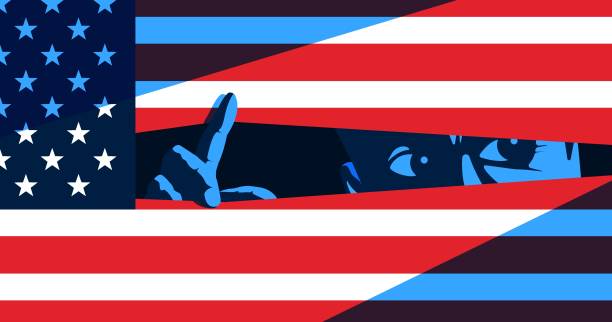ilustraciones, imágenes clip art, dibujos animados e iconos de stock de hombre acechando detrás de la ilustración vectorial de la bandera estadounidense - política y gobierno