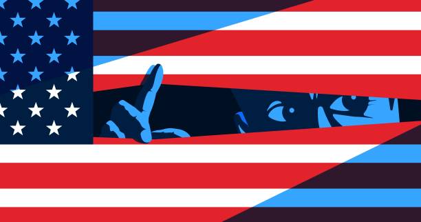 bildbanksillustrationer, clip art samt tecknat material och ikoner med man lurrking behind the american flag vector illustration - recession
