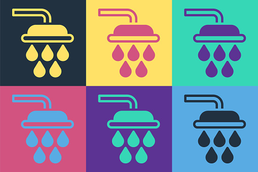 Pop art Shower head with water drops flowing icon isolated on color background. Vector.