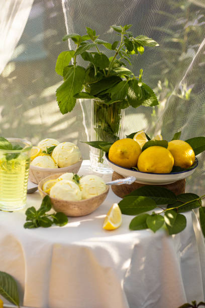 istock Italian Toscana style table setting with ice cream and lemons. 1493769321