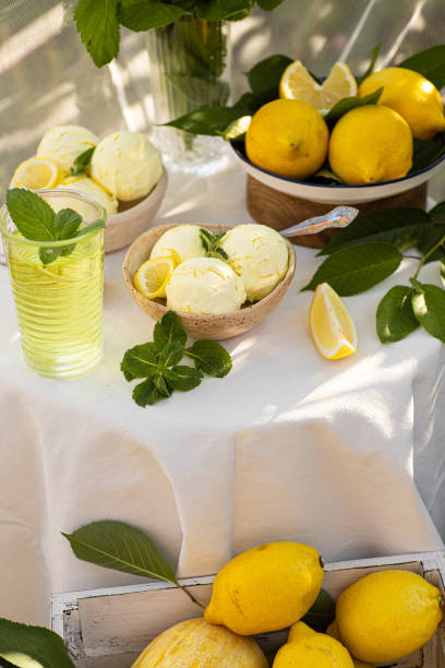 istock Italian Toscana style table setting with ice cream and lemons. 1493769339