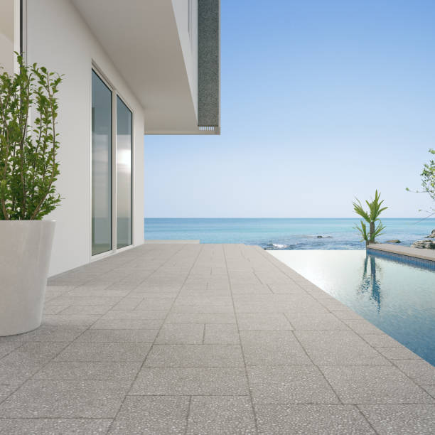 istock Empty terrace floor and white wall in modern beach house or luxury pool villa. 1493774850