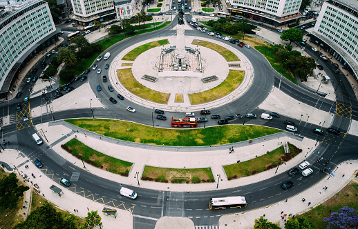 Lisbon, Portugal - May 26, 2023: Aerial drone view of Marquis of Pombal Square roundabout in Lisbon, Portugal, a major landmark in the city