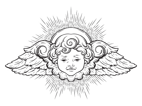 Cherub cute winged curly smiling baby boy angel with rays of linght isolated over white background. Hand drawn design vector illustration.