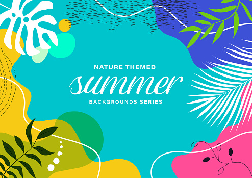 Summer flowers and tropical leaves. Abstract natural line arts. Organic shape. Design background for social media post, cover, print and wallpaper